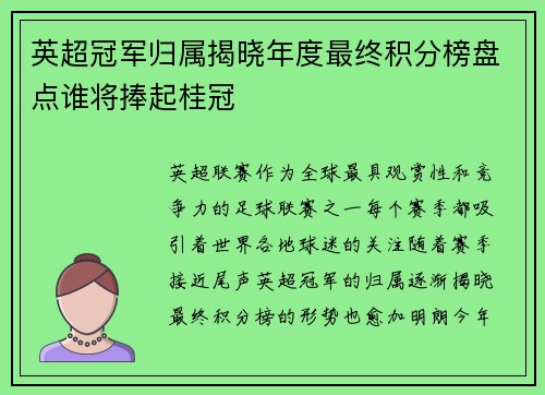 英超冠军归属揭晓年度最终积分榜盘点谁将捧起桂冠