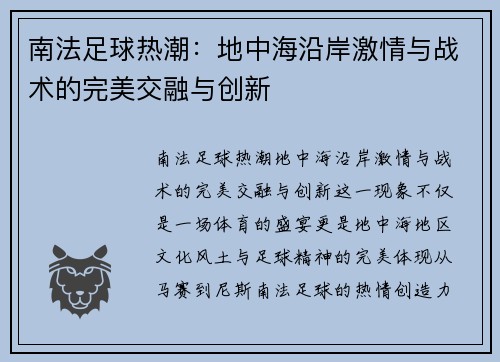 南法足球热潮：地中海沿岸激情与战术的完美交融与创新