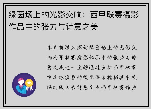绿茵场上的光影交响：西甲联赛摄影作品中的张力与诗意之美