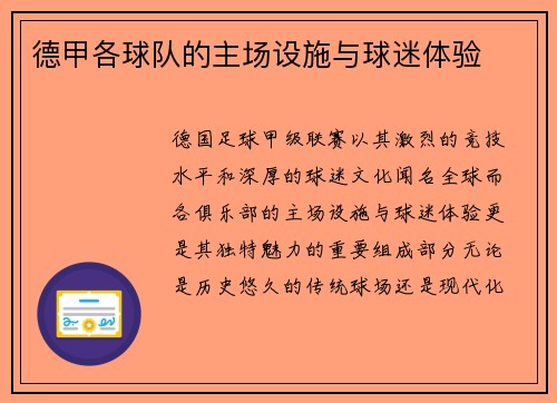 德甲各球队的主场设施与球迷体验