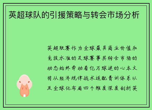 英超球队的引援策略与转会市场分析